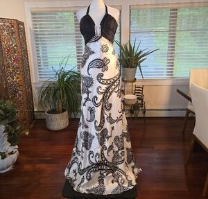 Vintage Cache Y2K Embellished Plunge Halter Paisly Satin Evening Gown Size 2